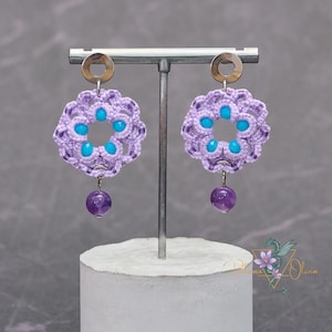 Tatting Lace Earrings: Amethyst, Miyuki Beads, Boho Violet Jewelry