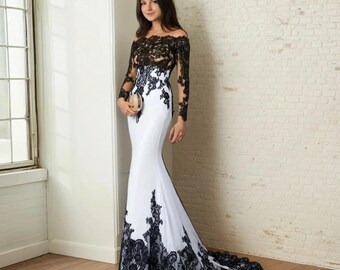 Wedding Dress Black Lace Gothic Wedding Dress Boho Black and White Floral Lace Bridal Gown Non-Traditional Unique Alternative Mermaid Dress