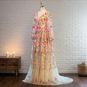 Custom Wild Flower Lace A-Line Long Sleeve Boho Wedding Dress, Floral Hippie Wedding Dress, Colourful Fairy Bridal Gown, Fantasy Bride Dress