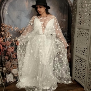 Custom Celestial Wedding Dress,Non-Traditional Bridal Gown,Cape Sleeves Stars Tulle Wedding Dress,Unique Alternative Bride,Fairy Bridal Gown