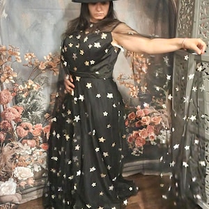 Custom Black Celestial Tulle Non-Traditional Wedding Dress, Black Cape Sleeves Stars Bridal Gown, Unique Alternative Bride, Fairy Dress