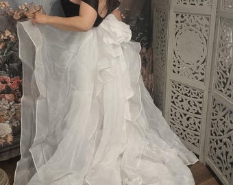 Custom Made Detachable Layered Organza Wedding Dress Overskirt,Delicate Organza Ruffles,Additional Train,Removable Bridal Overlay, Separates