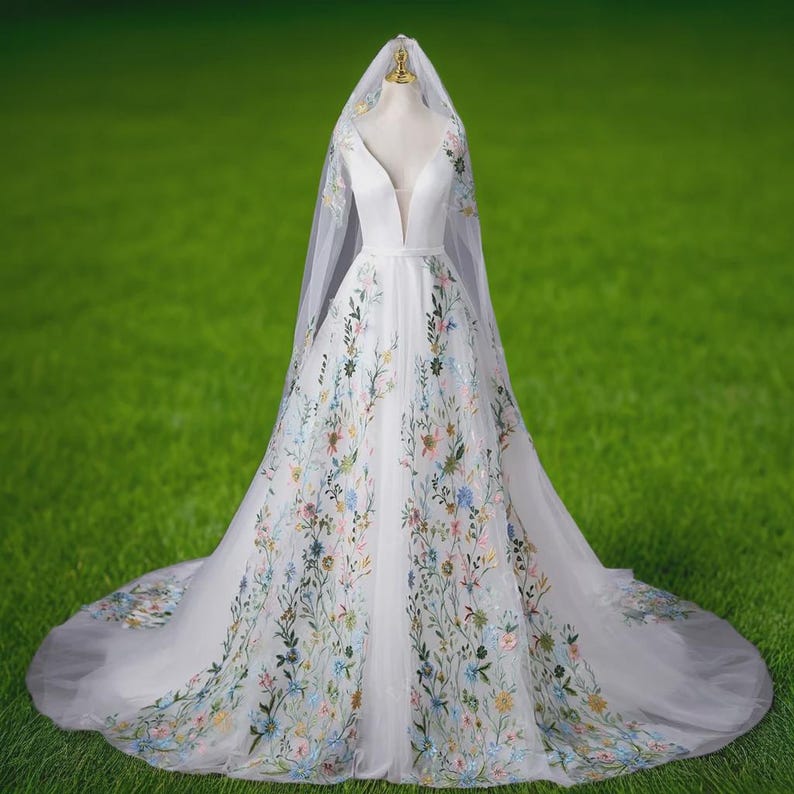 Wedding Dress Wild Flower Lace Custom Bridal Gown Floral Color Wedding Dress Outdoor Wedding Themed Garden Wedding Fairy Tale Destination With Matching Veil