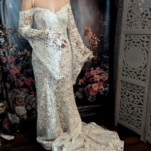 Unique Bell Sleeve Floral Lace Mermaid Wedding Dress with Train,Boho Bridal Gown,Bohemian Wedding, Beach Wedding, Vintage Wedding Dress, UK8