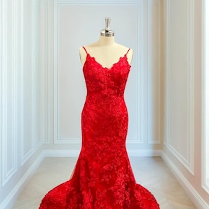 Wedding Dress Mermaid Floral Lace Red Custom Prom Gown Unique Evening Dress Lace Alternative Bridal Gown Non-Traditional Gothic Wedding