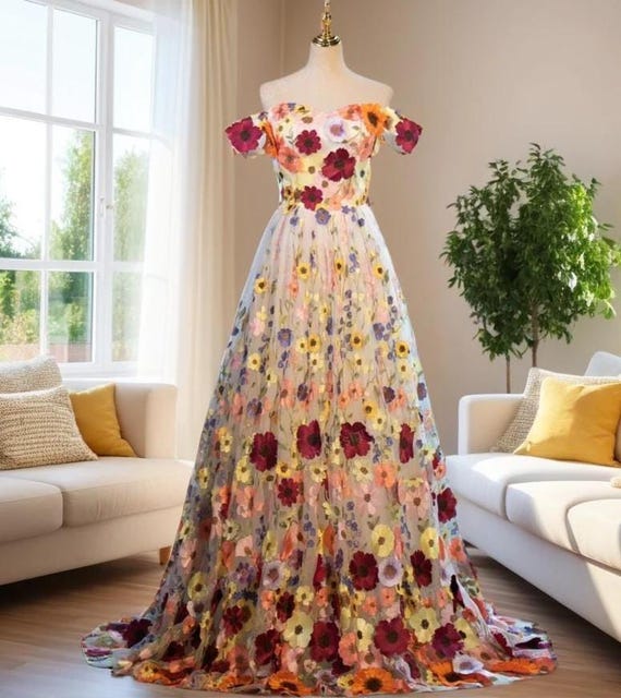 3D Embroidered Floral Lace Botanical Tulle Wedding Dress