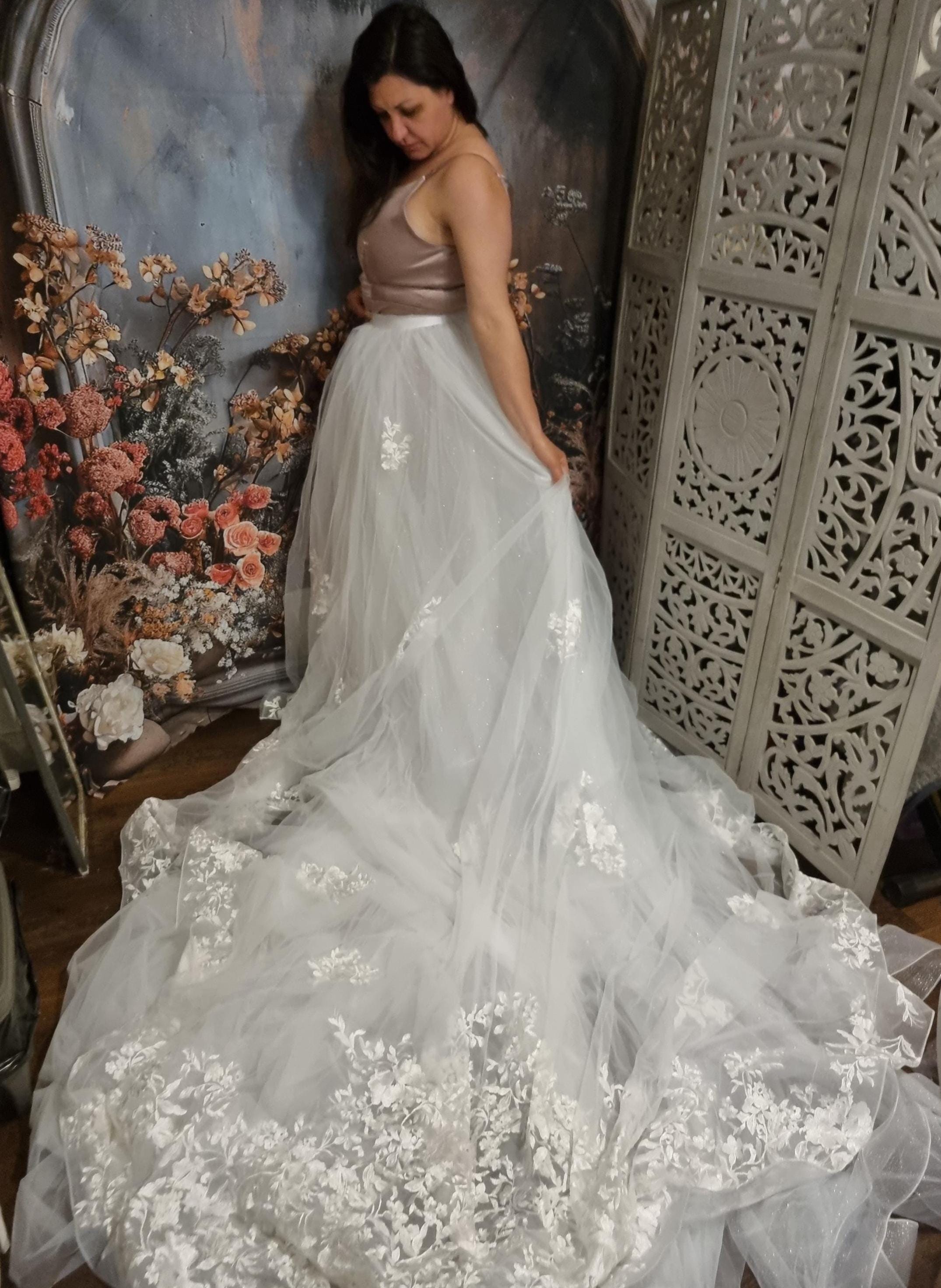 Ivory Custom Detachable Layered Tulle Lace Wedding Dress Skirt, Lace Bridal Overskirt, Additional Train, Removable Bridal Skirt, Separates