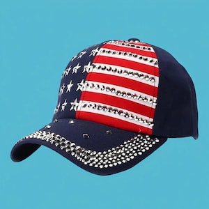 American Flag Baseball Cap USA Flag Hat Patriotic Cap US Flag Gift for Friend Studded Navy Red Visor