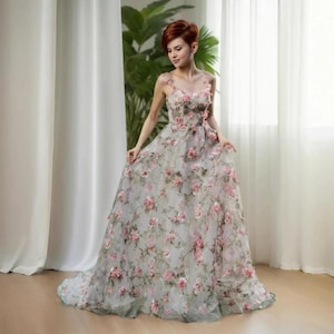 Forest Fairy Wedding Dress Blue Floral Organza Fantasy Dress 3D Flowers Fairy Bridal Gown Garden  Wedding Woodland Fairy Rustic Wedding