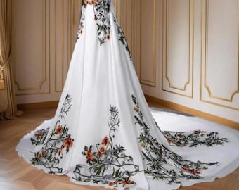Custom Detachable Flowing Chiffon Wild Flower Lace Wedding Dress Skirt,Bloomcore Removable Bridal Overskirt,Additional Train,Garden Wedding
