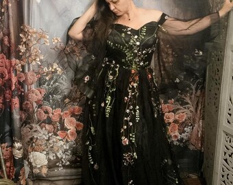 Custom Boho Black Wild Flower Lace and Tulle Bell Sleeve Off Shoulder Black Wedding Dress, Black Bride Dress, Unique Alternative Bridal Gown