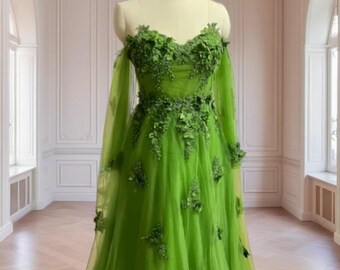 Green Floral Lace Tulle Off Shoulder Flowing Cape Sleeves Fairy Wedding Dress, Forest Fairy Bridal Gown, Unique Alternative Bride Dress