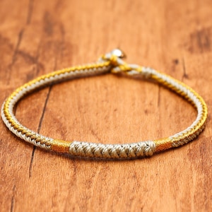 Light Gray and Gold Cord Bracelet, Custom Size Handwoven Wristband with Button-Loop Closure