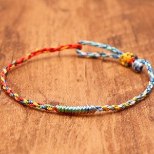 Multicolor Hand-Twisted Cord Bracelet, Warm-Cool Gradient, Button Loop, Adjustable 5.5-7.5 Inch, Single or Pair