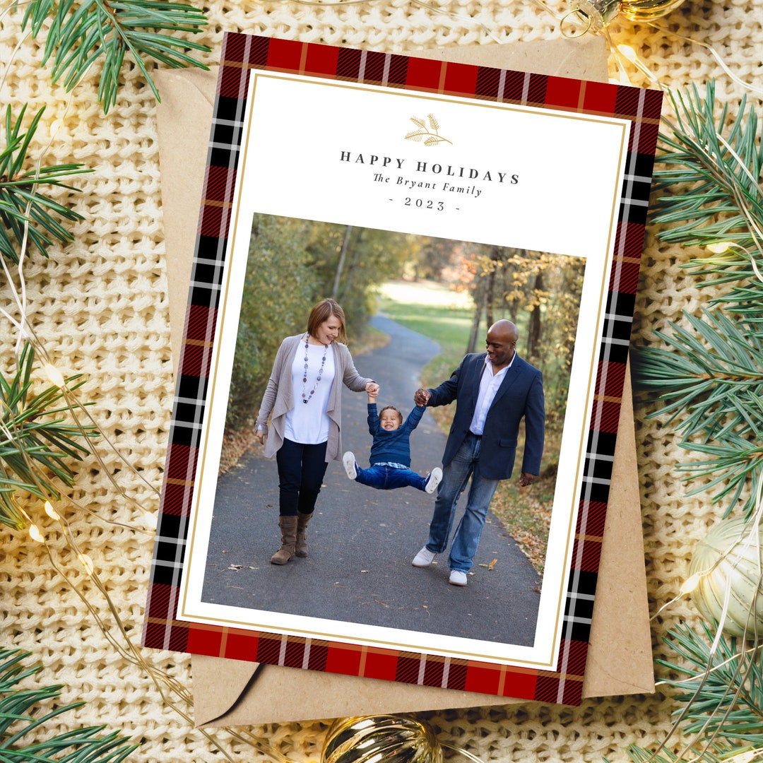 Red Plaid Border Holiday Christmas Card Joyful Printed Etsy
