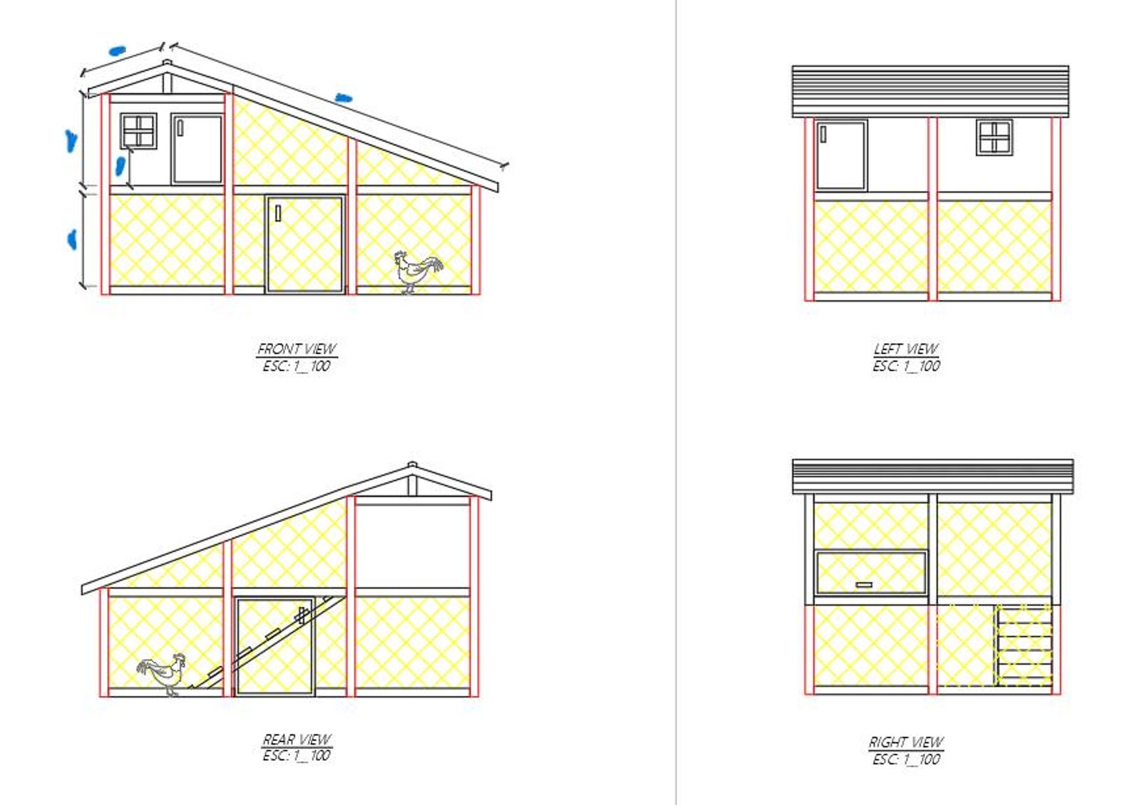 Chicken Coop DWG Plan | Poultry House Design With Roof, Elevations ...