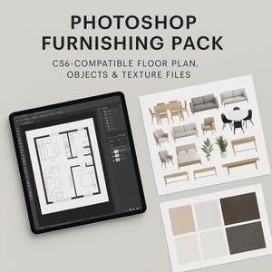 Pode incluir: Um tablet digital exibe uma planta baixa em um programa de design, com o texto "PHOTOSHOP FURNISHING PACK" acima. Folhas adicionais mostram opções de móveis e texturas para projetos de design de interiores.