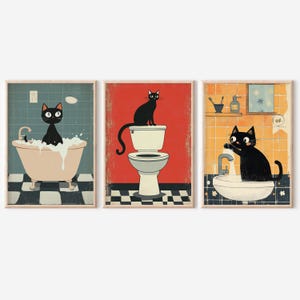 Set of 3 Cat Prints for Bathroom - Retro Art Print, Funny Cat Poster, Printable Bathroom Decor, Gift for Cat Lovers, Digital Download