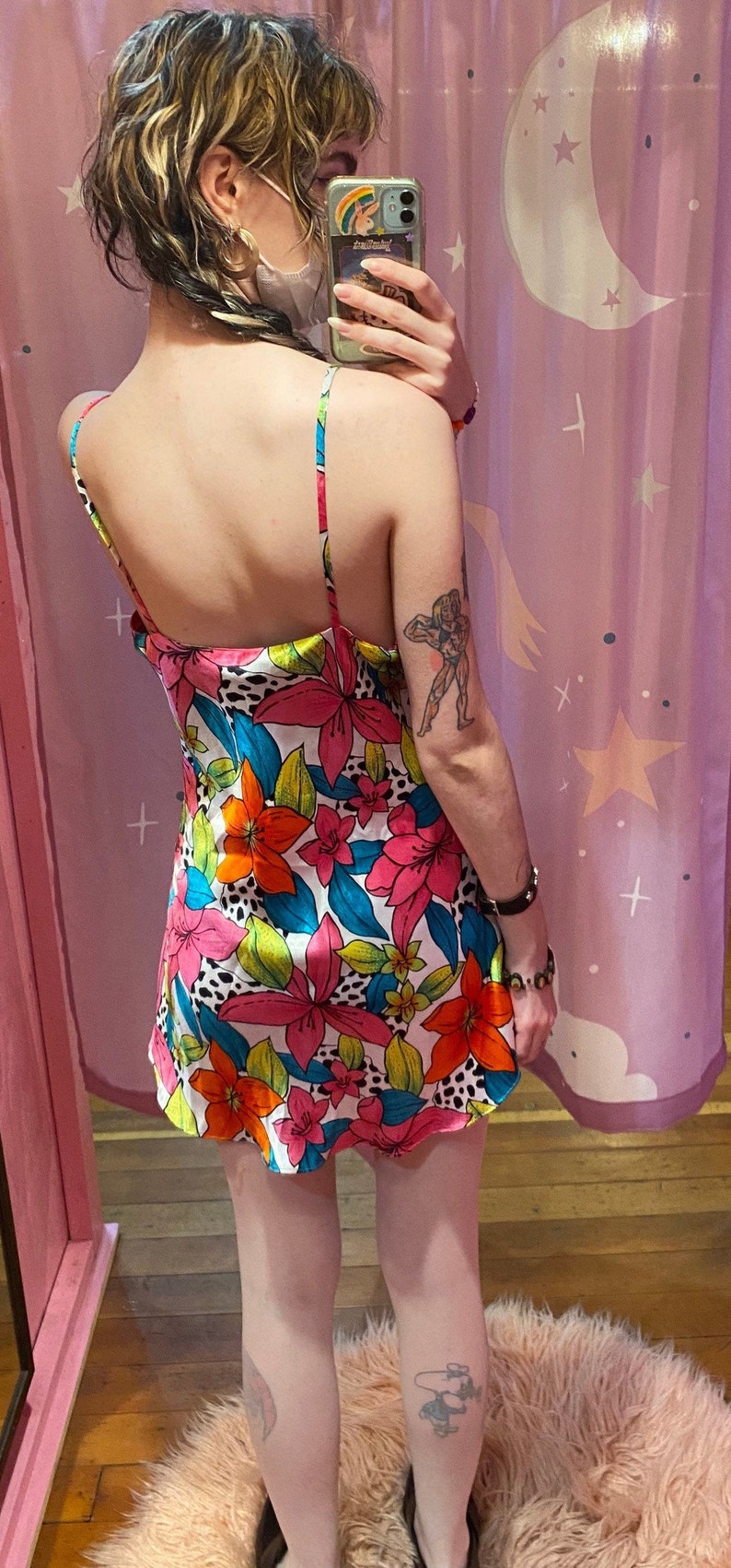 Vintage 80s SATIN Tropical womens slip dress neglige lingerie floral animal print small petite xs 90s Victorias secret spring fredericks 70s
