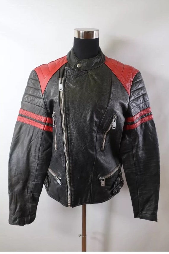 Janbell Small Mens Cafe Racer Black Red Leather Biker Jacket Medium Motorcycle British 80s 70s Punk Swedish Womens Rare Petroff Lewis 36 38