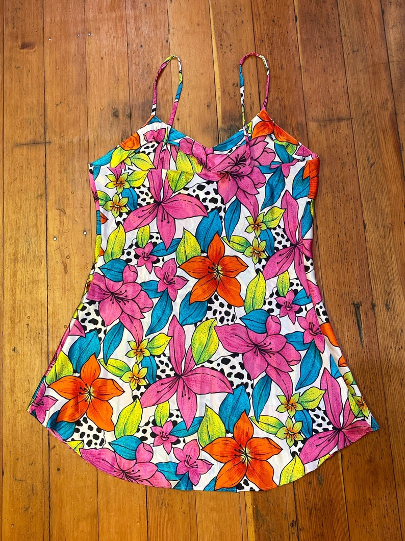 Vintage 80s SATIN Tropical womens slip dress neglige lingerie floral animal print small petite xs 90s Victorias secret spring fredericks 70s