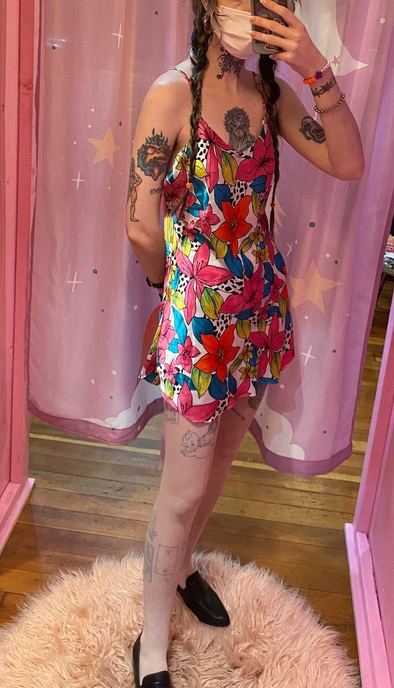 Vintage 80s SATIN Tropical womens slip dress neglige lingerie floral animal print small petite xs 90s Victorias secret spring fredericks 70s