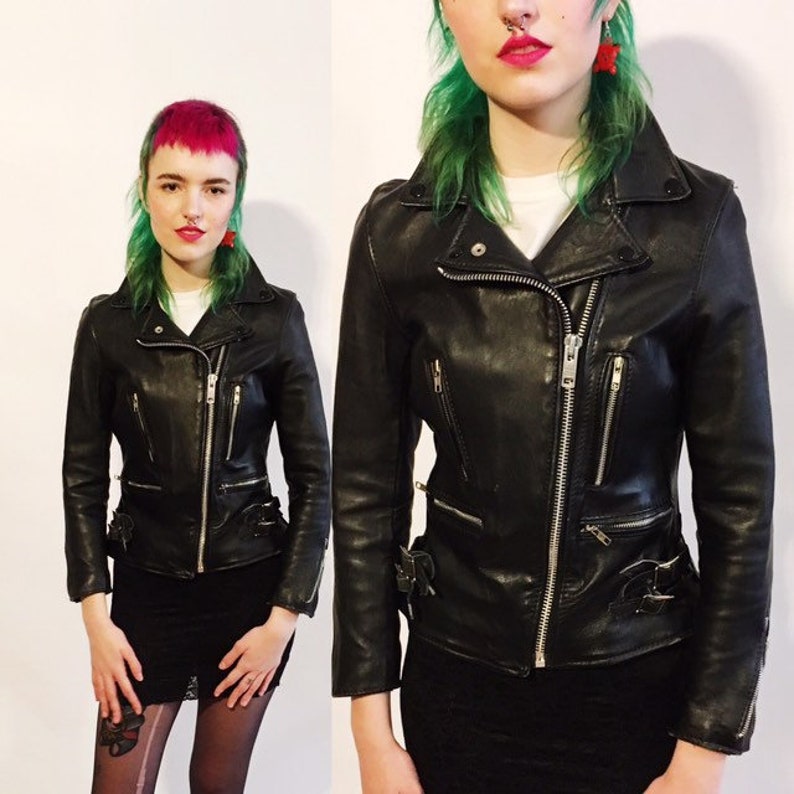 Xs Small British Black Leather Motorcycle Jacket Fitted Womens Biker Vintage Petite Made In England 70s 80s Lewis Petroff Belstaff Schott Uk