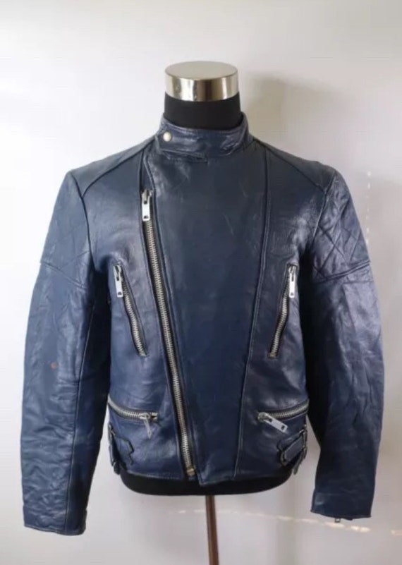 Wolf Mens Medium Rare British Motorcycle Jacket Navy Blue British Motorcycle Jacket Navy Blue