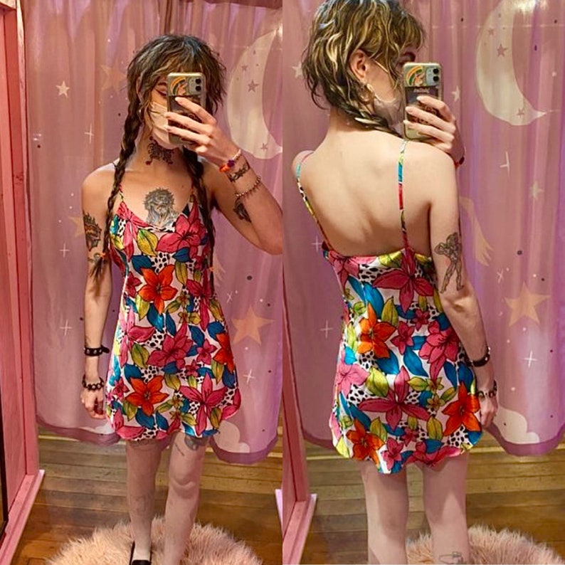 Vintage 80s SATIN Tropical womens slip dress neglige lingerie floral animal print small petite xs 90s Victorias secret spring fredericks 70s