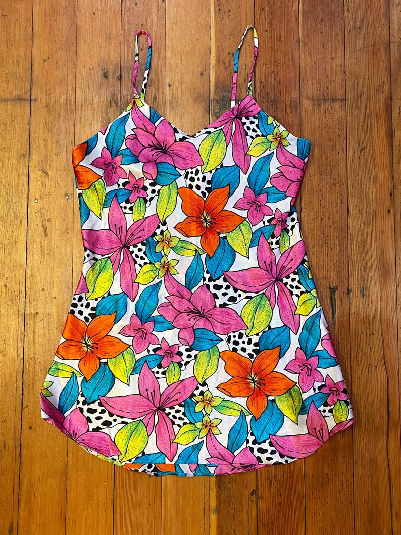 Vintage 80s SATIN Tropical womens slip dress neglige lingerie floral animal print small petite xs 90s Victorias secret spring fredericks 70s