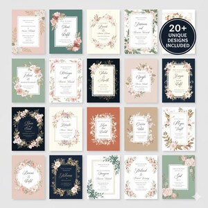 May include: A collection of twenty or more unique wedding invitation designs. Each card features floral arrangements and elegant fonts. The color palette includes soft pinks, greens, and creams, with some cards on dark backgrounds.