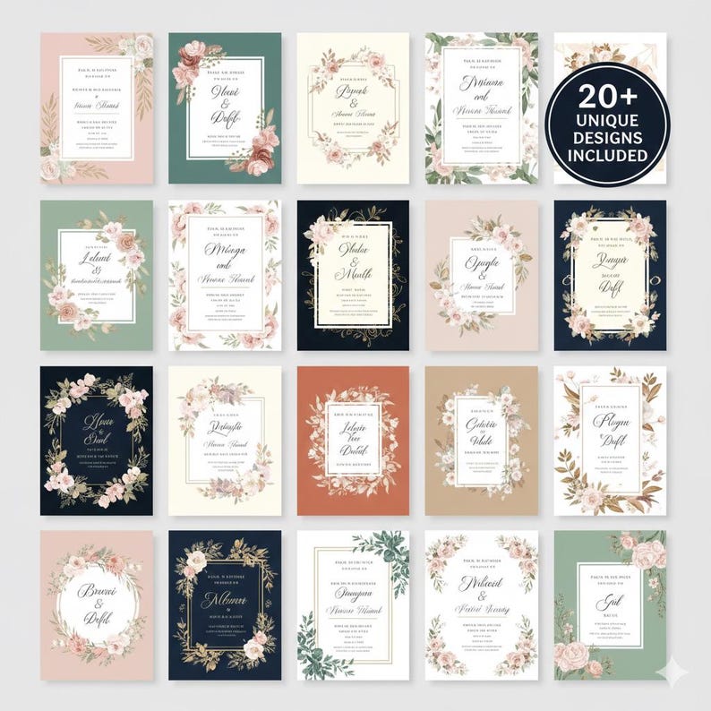 May include: A collection of twenty or more unique wedding invitation designs. Each card features floral arrangements and elegant fonts. The color palette includes soft pinks, greens, and creams, with some cards on dark backgrounds.