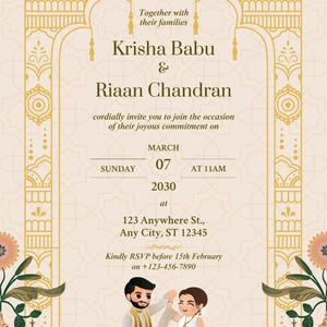 May include: Wedding invitation with a cream background and gold decorative borders. The invitation includes the names Krisha Babu and Riaan Chandran, along with the date, time, and location of the event. Floral illustrations and two cartoon figures are also present.
