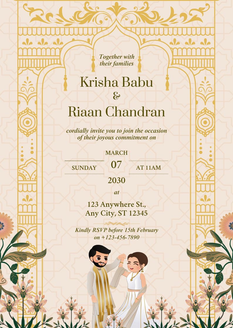 May include: Wedding invitation with a cream background and gold decorative borders. The invitation includes the names Krisha Babu and Riaan Chandran, along with the date, time, and location of the event. Floral illustrations and two cartoon figures are also present.
