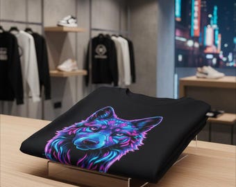 Neon Cyberpunk Wolf Digital Tee Design | Printable Vaporwave Shirt Art