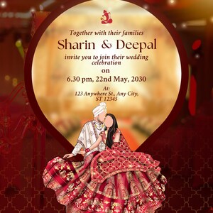 May include: Wedding invitation featuring a couple in traditional attire. The invitation includes the names "Sharin & Deepal", event details, and the text "invite you to join their wedding celebration". The design is predominantly red and gold.