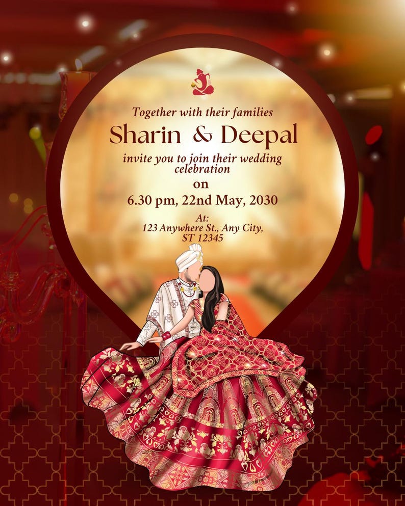 May include: Wedding invitation featuring a couple in traditional attire. The invitation includes the names "Sharin & Deepal", event details, and the text "invite you to join their wedding celebration". The design is predominantly red and gold.