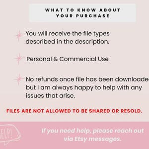May include: A pink graphic with text that reads "WHAT TO KNOW ABOUT YOUR PURCHASE." It lists file types, personal & commercial use, and a no-refunds policy. The text "FILES ARE NOT ALLOWED TO BE SHARED OR RESOLD" is in red. A speech bubble says "HELP!"