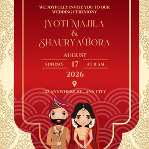 May include: A wedding invitation with a red and gold scroll design. The invitation includes the names Jyoti Majila & Shauryabora, the date August 17, 2026, and the time 11 AM. The invitation also includes the address 123 Anywhere St., Any City.