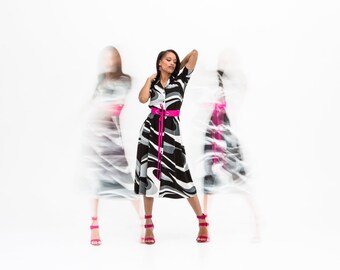 Skylah Dress Black/White/Grey Swirl Printed Short Sleeve Jersey Calf Length Shirt Dress