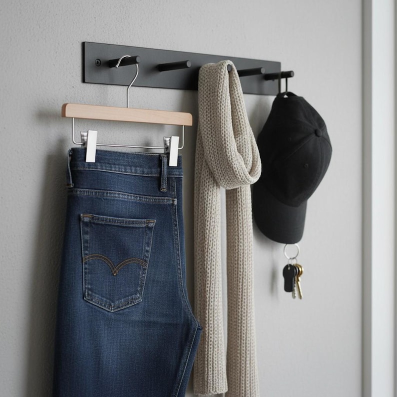 May include: A black wall-mounted coat rack with four pegs, holding a pair of blue jeans on a wooden hanger, a beige scarf, a black baseball cap, and a set of keys. The items are against a light gray wall.