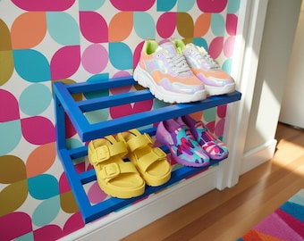 Blue Floating Wall Shoe Shelf, Metal Wall Mounted Storage