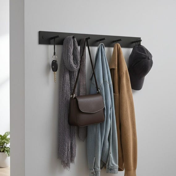 Metal Wall Hook Rack - Black Steel Coat Hanger, Minimal Wall Organizer for Coats, Bags & Keys