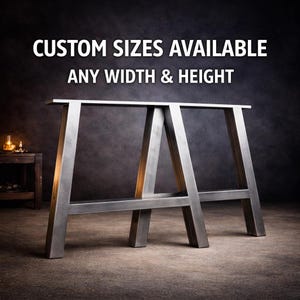 May include: Metal table legs in a modern design. The legs are a light gray color and have a rectangular shape. The top of the legs are flat and wide, and the legs are angled. Text on the image reads "CUSTOM SIZES AVAILABLE ANY WIDTH & HEIGHT."