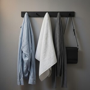May include: A black wall-mounted coat rack with four hooks holds a light blue button-down shirt, a white towel, a gray sweater, and a black crossbody bag. The items hang against a gray wall.