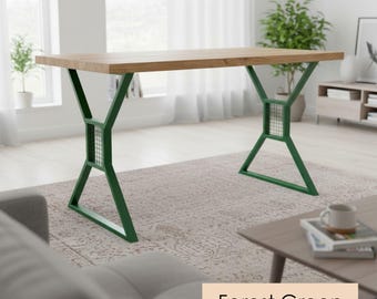 Patas de mesa de acero verde - Estructura moderna en X con detalle de rejilla, base de metal hecha a mano para comedor