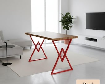 Base de mesa de acero rojo: patas esculturales modernas con detalles de diamante, soporte metálico de inspiración artística para mesas personalizadas.
