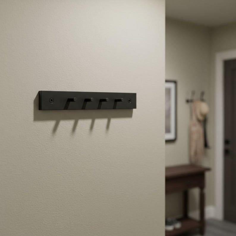 May include: A black, rectangular wall-mounted coat rack with five hooks. The hooks are evenly spaced along the bottom edge of the rack. The rack is mounted on a light beige wall.