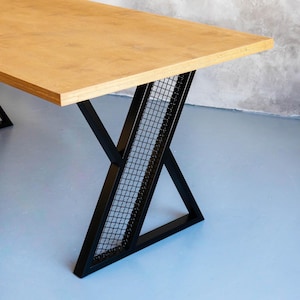 Slanted Metal Table Legs, Black Steel X-Style Base with Mesh Panel, Modern Industrial Design for Dining Table | Set of 2 Legs