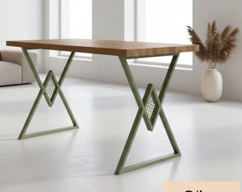Tischbeine aus Metall in Olivgrün - Moderne X-Rahmenbasis, geometrische Stahlbeine für Esstisch, handgefertigte Tischstütze
